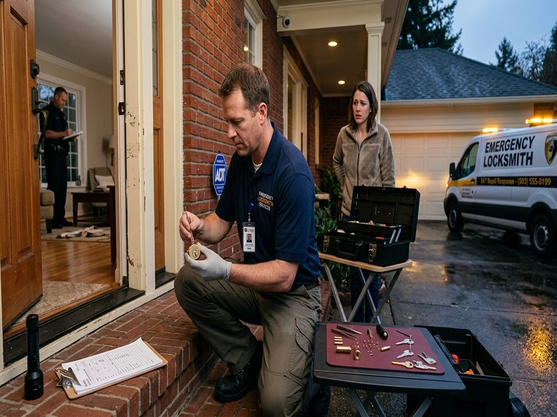 Emergency locksmith verifying credentials at service call