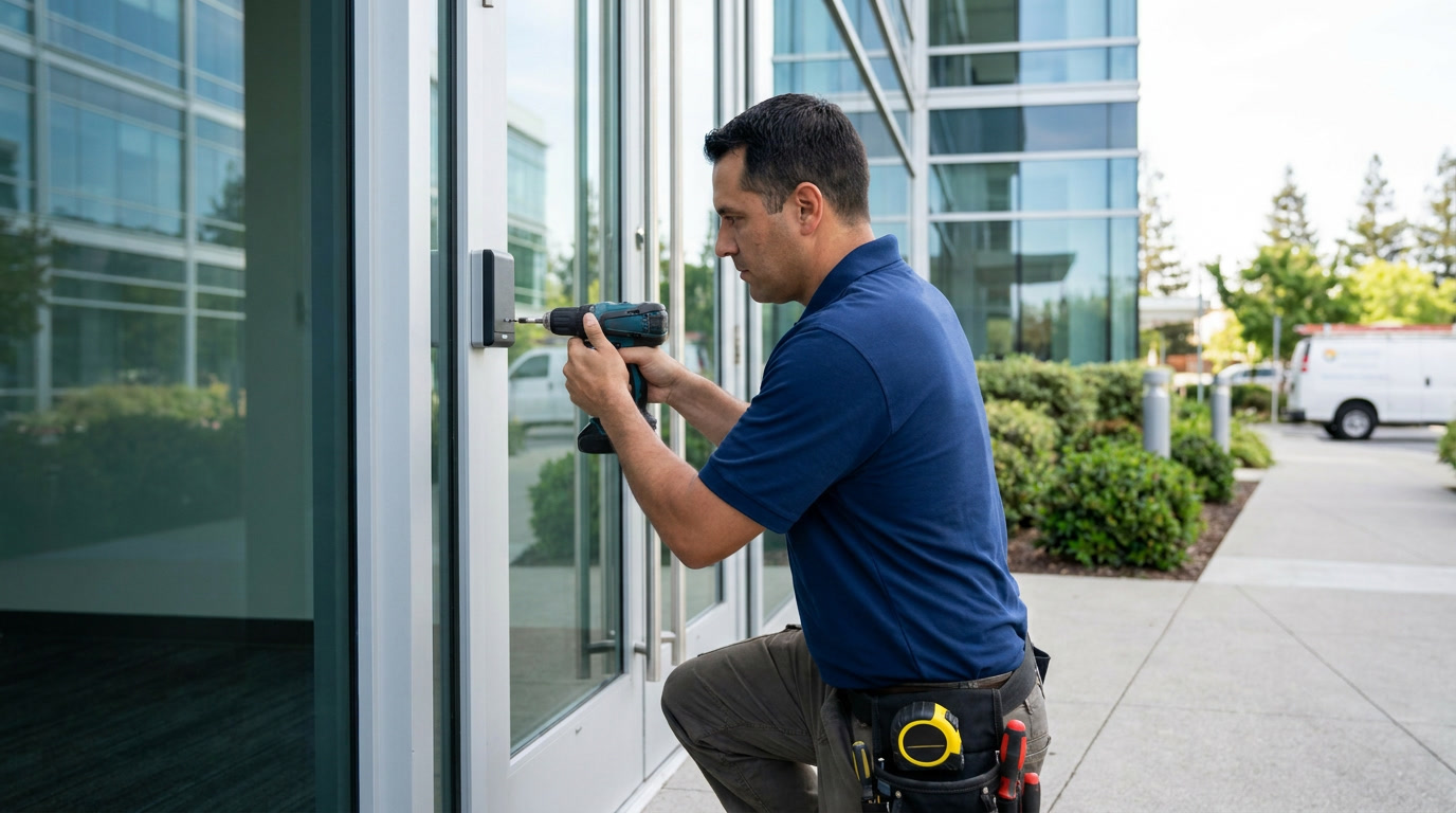 Commercial locksmith technician working on a door lock cylinder in San Jose