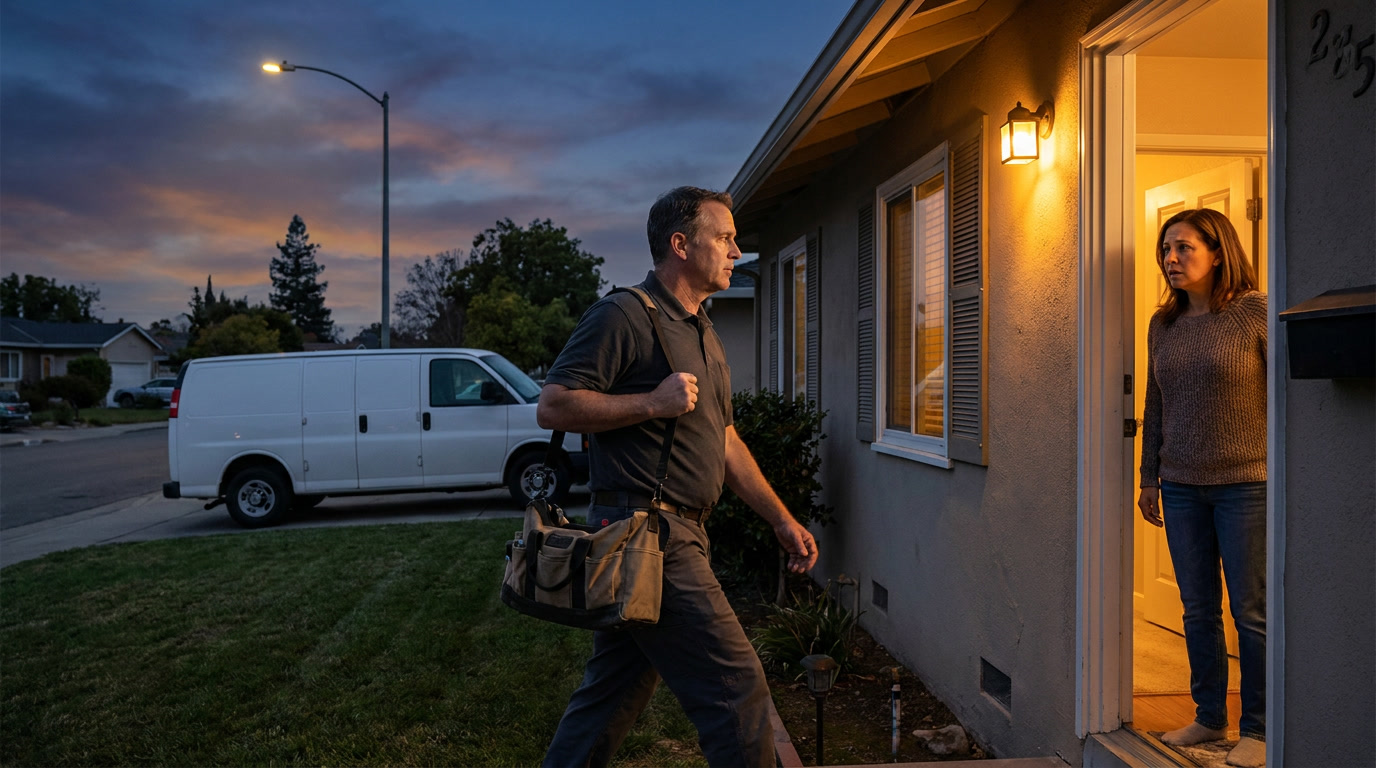 Emergency locksmith technician working at residential door at night in San Jose